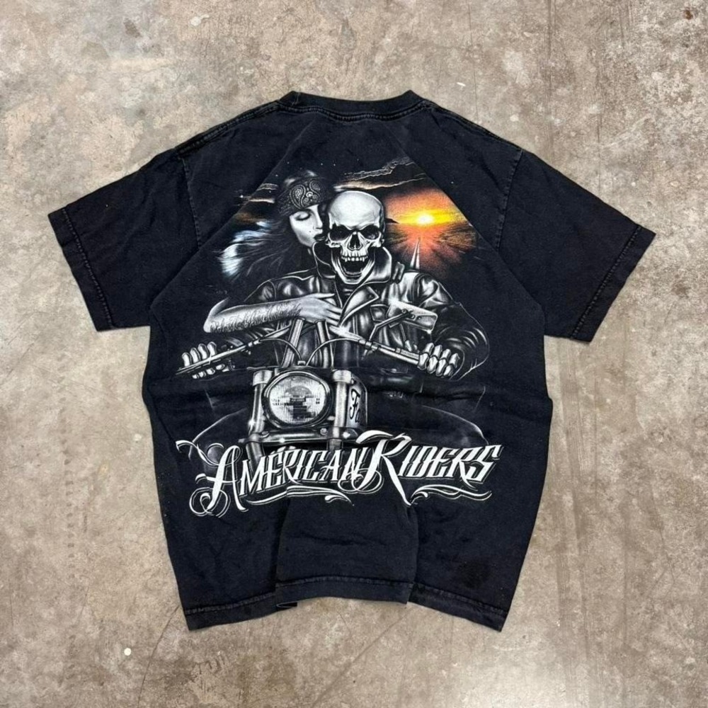 Vintage American Riders Skull & Pin Up Girl Biker Grunge Tee Faded Size M